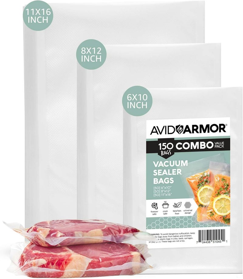 Avid Armor Vacuum Sealer Bags, Vac Seal Bags for Food Storage, Freezing, and Sous Vide Cooking, Non-BPA Freezer Vacuum Sealer Bags, Pint, Quart, and Gallon Sizes Combo Pack, 150 Bags - Image 1